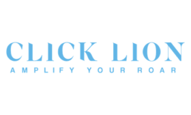 The company name and slogan: 'Click Lion Amplify Your Roar' written in light, electric blue across a white background